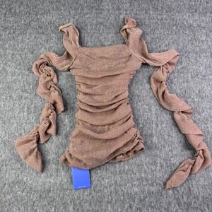 Floerns Ruched Long Sleeve Blouse Shirt Mesh‎ Sparkly Brown Y2K Going Out Top M